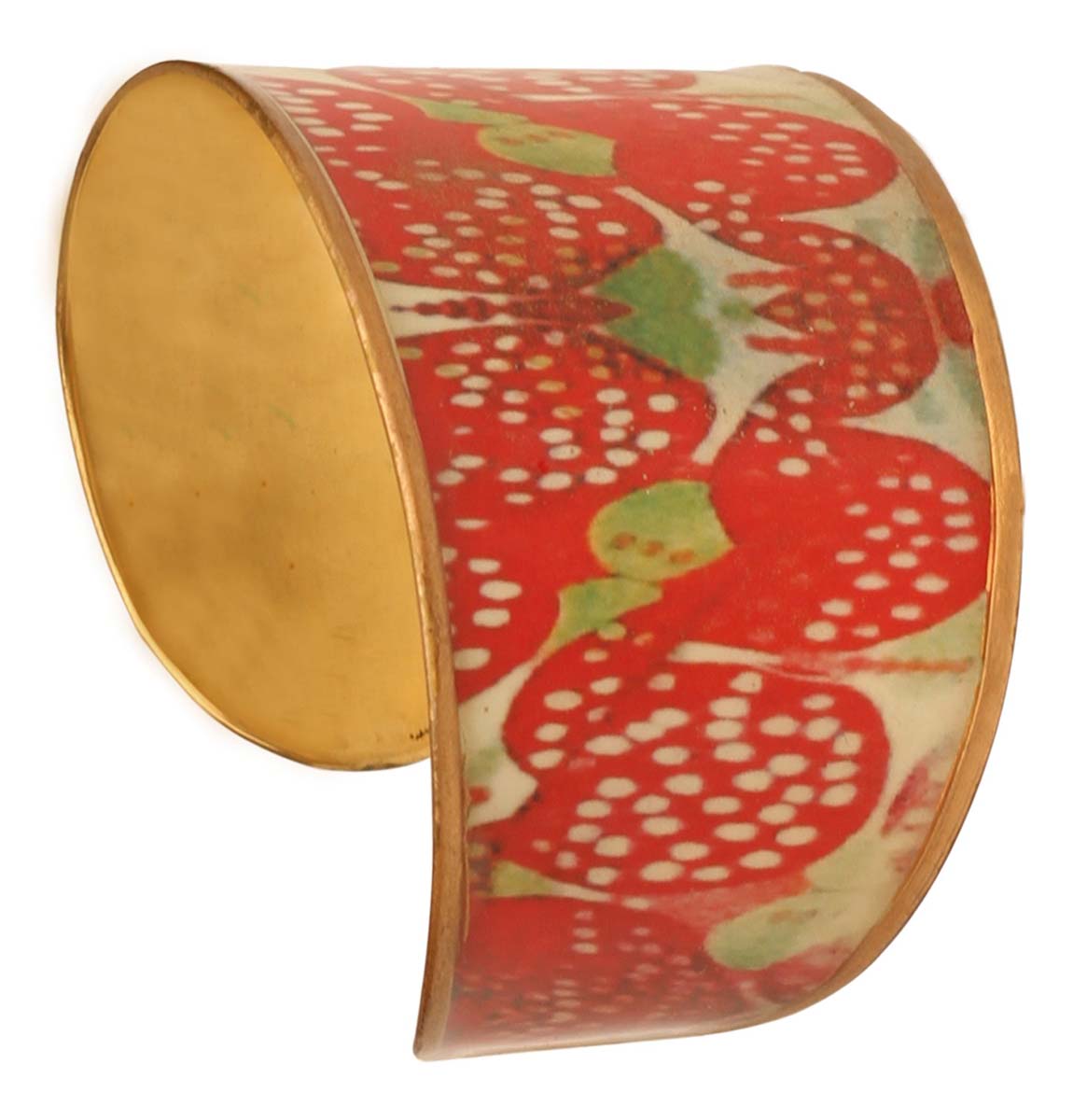 2.6” Brass Cuff Bracelet with Bright Abstract Pattern - Golden Red White - Trendy Accessories / Jewelry / Gifts for Her - Buy in Bulk Wholesale